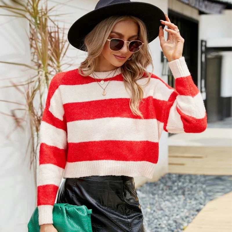 Organic Cotton Women Sweater for an Eco - Friendly ChoiceWomen's Top Short Round Neck Knitwear Outer Wear Striped Contrast Color Mohair Sweater Organic Cotton Women Sweater for an Eco - Friendly ChoiceWomen's Top Short Round Neck Knitwear Outer Wear Striped Contrast Color Mohair Sweater