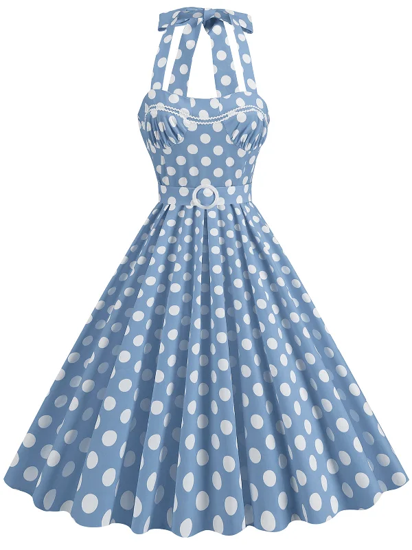 Ball Gown Women Dress with a Full Skirt for a Princess - like Look1950s Polka Dot Halter Neck Belt Dress Ball Gown Women Dress with a Full Skirt for a Princess - like Look1950s Polka Dot Halter Neck Belt Dress