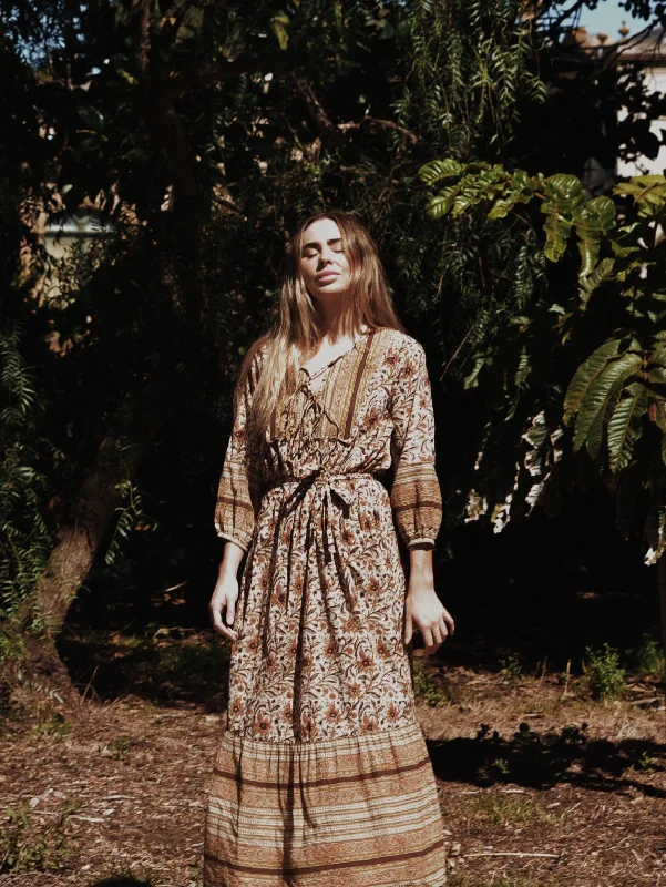 Lace - Embellished Women Dress for an Elegant and Sophisticated AppearanceHENRI MAXI DRESS HAND BLOCKED EARTHY BROWN FLORAL Lace - Embellished Women Dress for an Elegant and Sophisticated AppearanceHENRI MAXI DRESS HAND BLOCKED EARTHY BROWN FLORAL