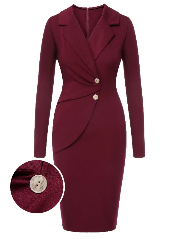 Maxi Women Dress with Floral Print for a Bohemian VibePurplish Red 1940s Solid Long Sleeved Lapel Dress Maxi Women Dress with Floral Print for a Bohemian VibePurplish Red 1940s Solid Long Sleeved Lapel Dress