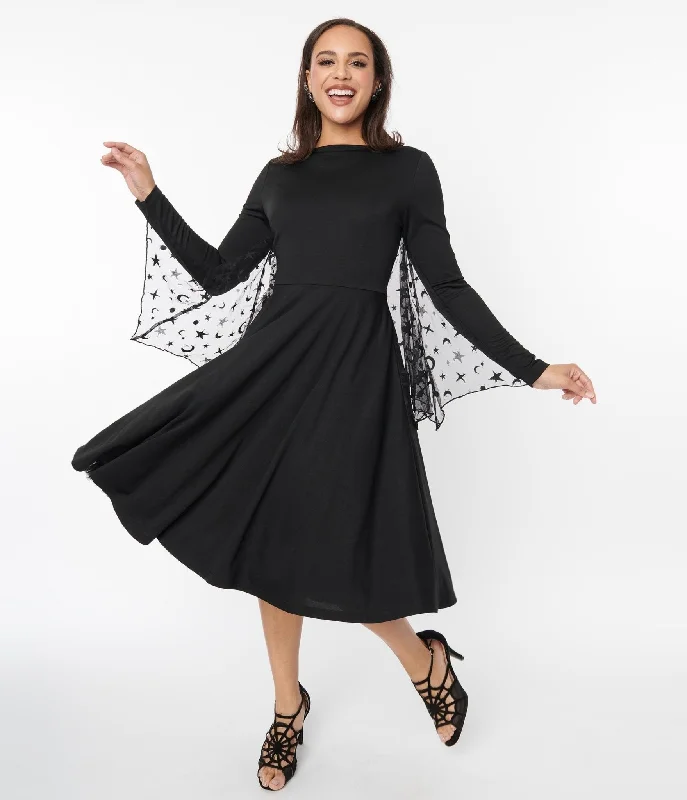 Lace - Embellished Women Dress for an Elegant and Sophisticated AppearanceUnique Vintage Black & Mesh Bat Swing Dress Lace - Embellished Women Dress for an Elegant and Sophisticated AppearanceUnique Vintage Black & Mesh Bat Swing Dress