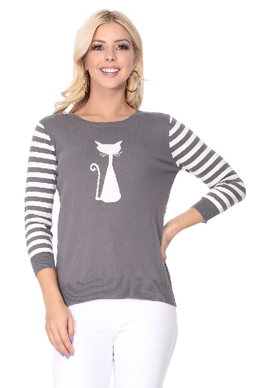 Plus - Size Women Sweater with a Flattering FitYemak Women's 3/4 Striped Sleeve Round Neck Cat Design Knitted Sweater Pullover MK8249 Plus - Size Women Sweater with a Flattering FitYemak Women's 3/4 Striped Sleeve Round Neck Cat Design Knitted Sweater Pullover MK8249