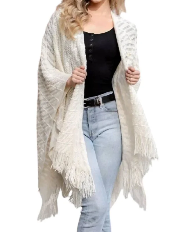 Mock - Neck Women Sweater for a Modern TwistSoft Knit Tassel Ruana In Ivory