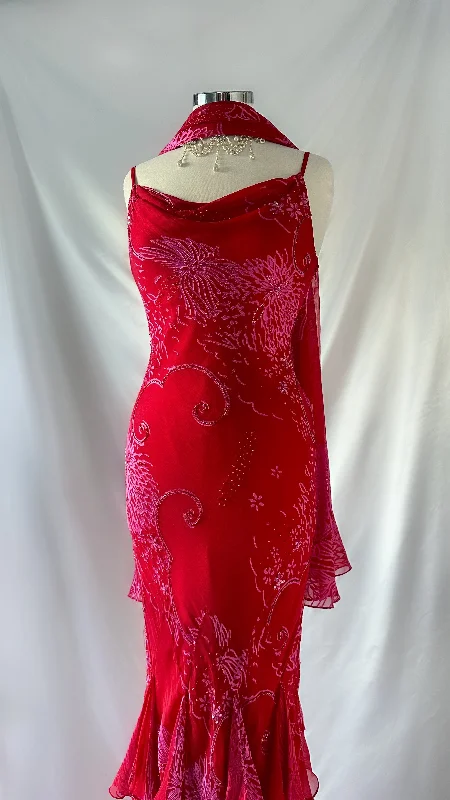 Ruffled Women Dress with Multiple Layers for a Playful and Girly StyleCHERRY RED FLORAL SILK DEVORE RUFFLE DRESS & SCARF SET Ruffled Women Dress with Multiple Layers for a Playful and Girly StyleCHERRY RED FLORAL SILK DEVORE RUFFLE DRESS & SCARF SET