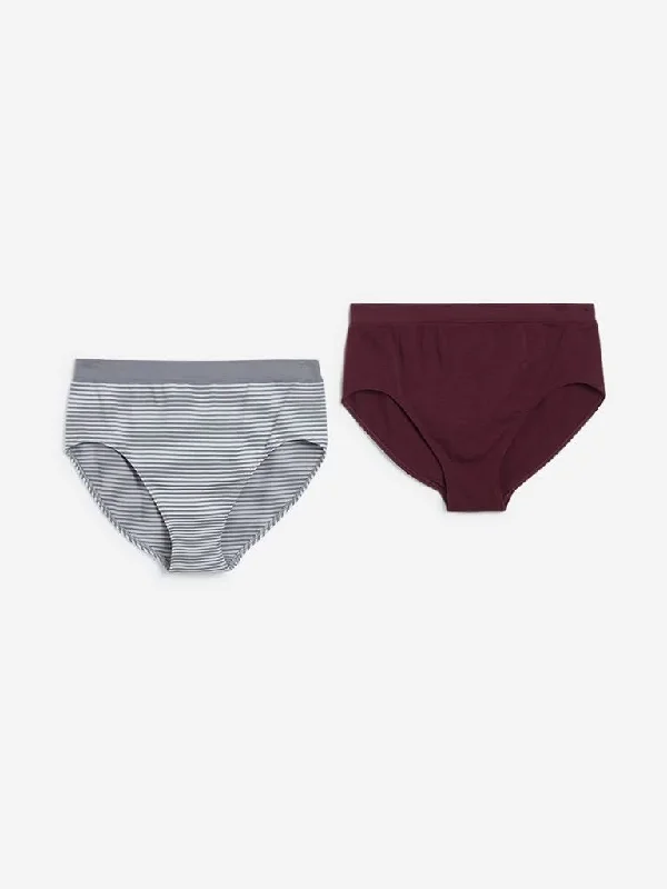 Wunderlove Grey Striped Full Briefs Pack of Two
